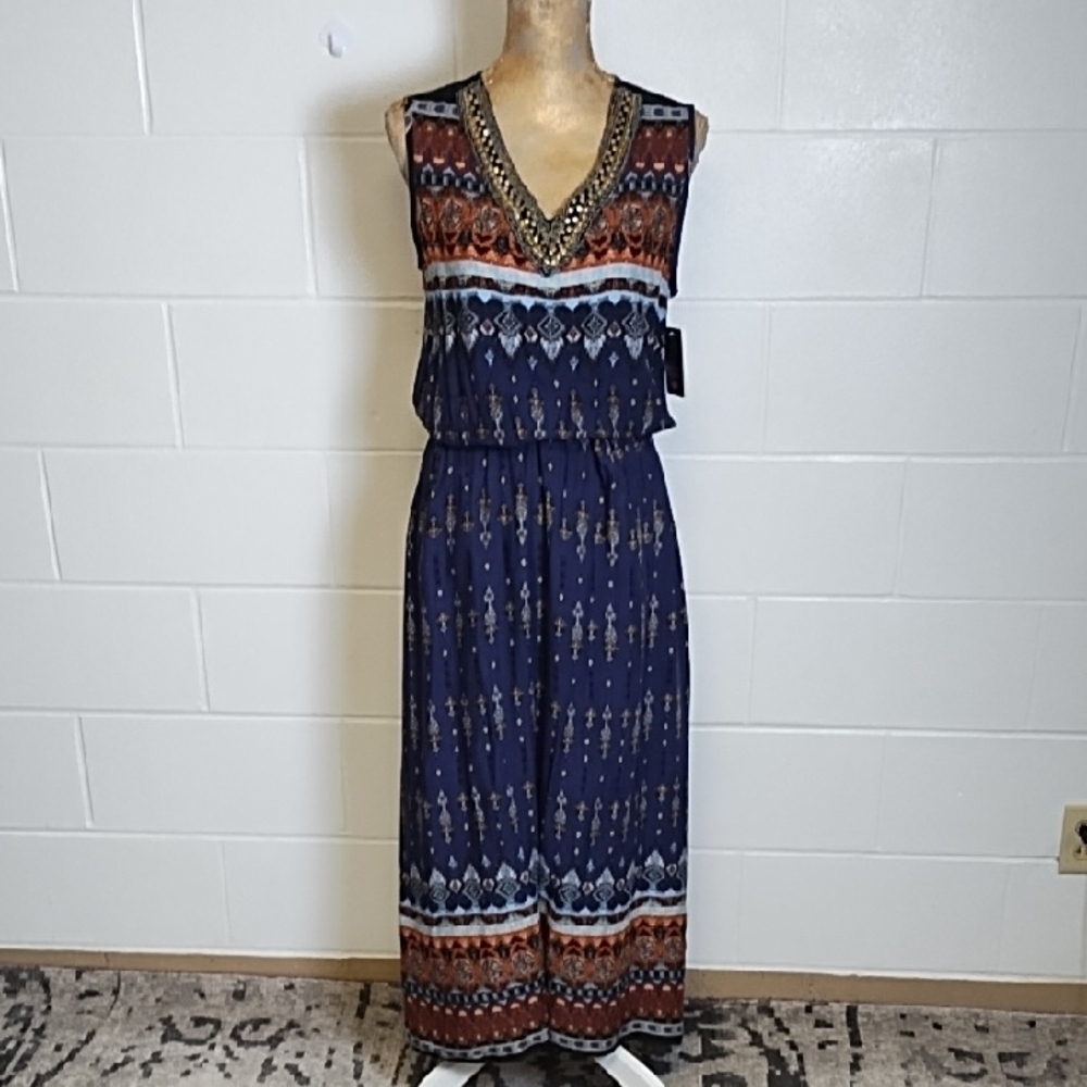 Bohemian Maxi Dress with Beaded V-Neckline Elastic Blouson Shirt Waist NWT